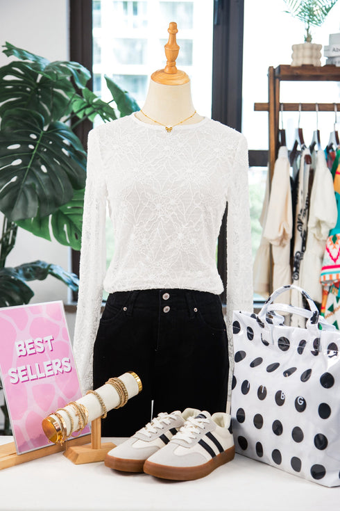 Sheer Mesh Lace Feminine Detail Long Sleeve Top