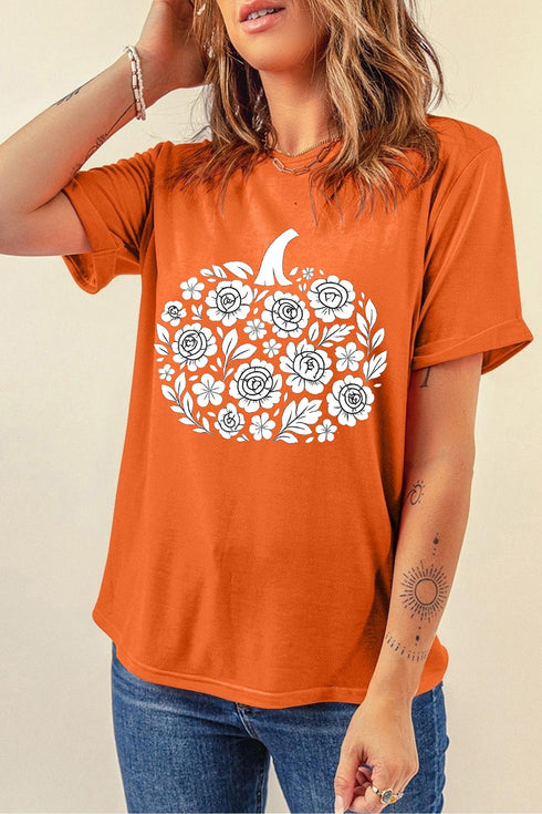 Floral Pumpkin Graphic Cuffed Sleeve Statement Tee