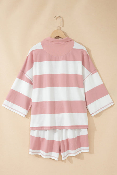 Striped Half Zip Bracelet Sleeve Seam Detail Short Set