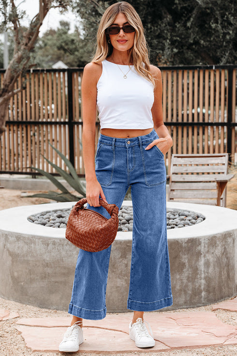 Cropped High Rise Wide Leg Stretch Denim Jeans