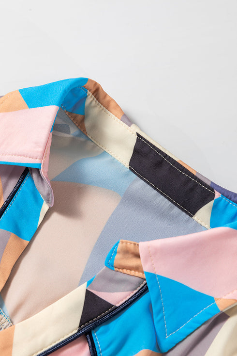 Abstract Geometric Print Flutter Sleeve Collared Tiered Dress