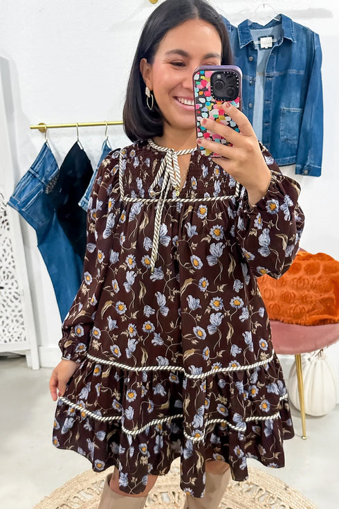 Shirred V Neck Floral Shift Silhouette Mini Dress