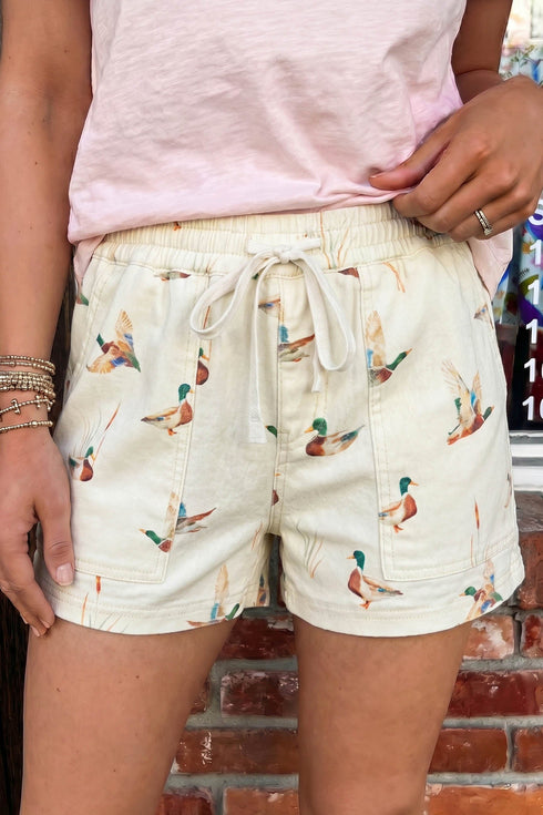 Wild Duck Mallard Print Drawstring Stretch Denim Shorts