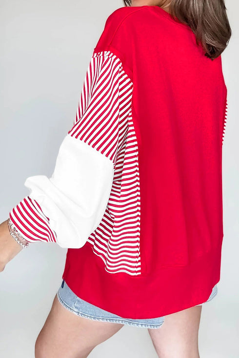 Sequin Rugby Bow Print Striped Sleeve Patchwork Graphic Sweatshirt