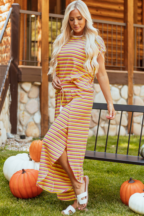 Striped Tassel Detail Tee And Wide Leg Pant Sets