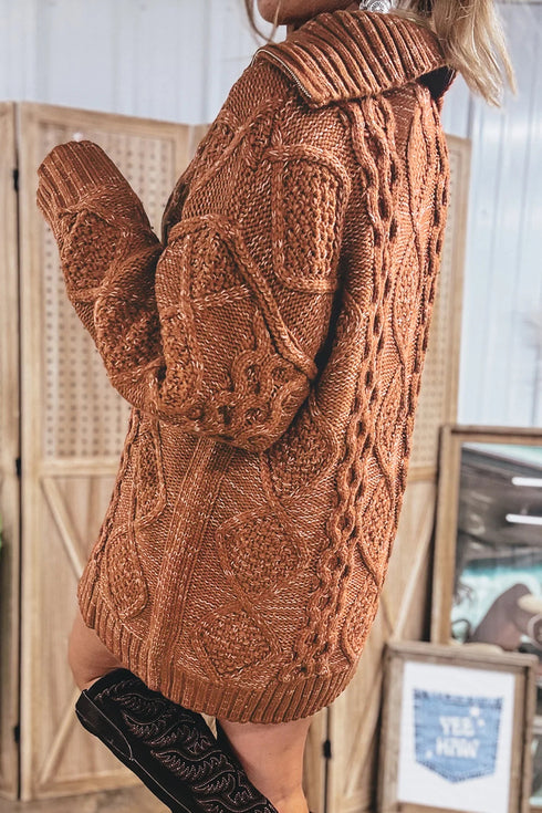 Zip Up Cable Knit Drop Shoulder Sweater Dress