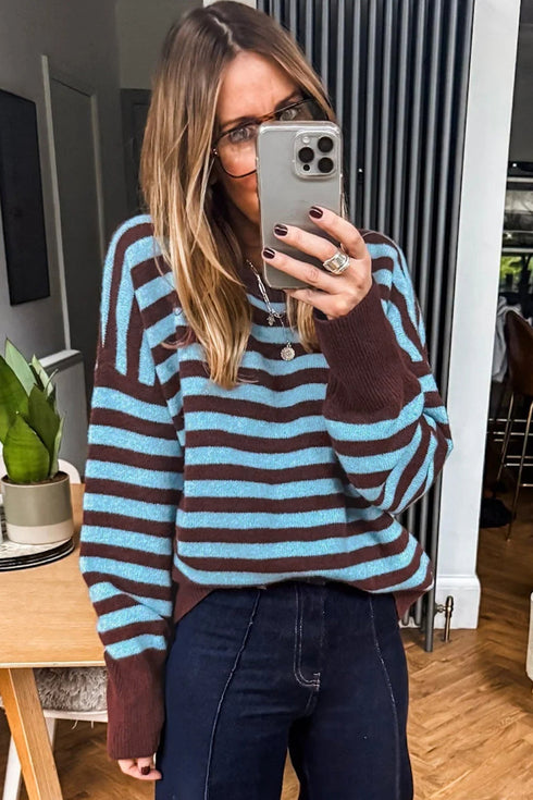 Striped Pattern Loose Crew Neck Cuffed Sweater