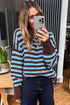 Striped Panel Loose Crew Neck Cuffed Knit Sweater