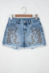 Western Embroidered Studded Stretch Cotton Denim Shorts