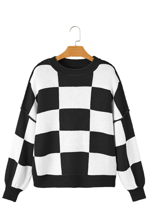 Acrylic Seamed Checkered Pattern Bishop Sleeve Sweater
