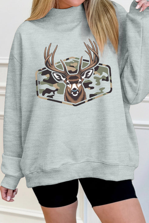 Camouflage Reindeer Graphic Mock Neck Oversized Western Sweatshirt