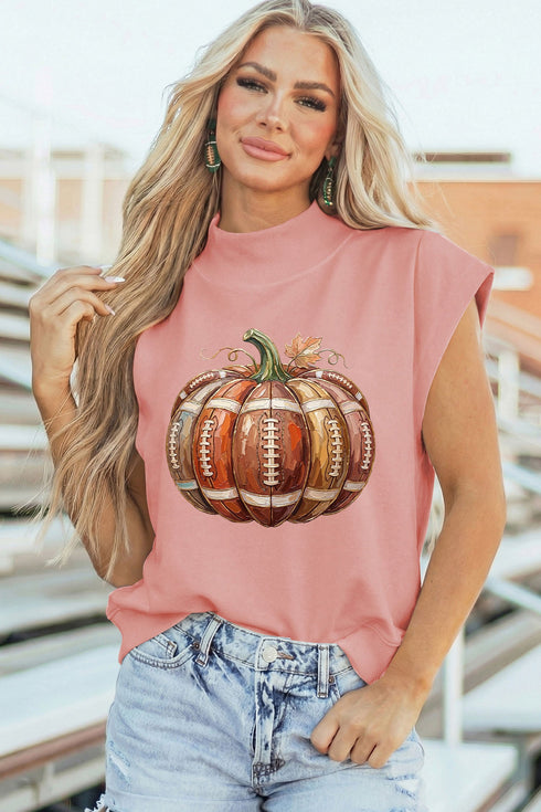 Rugby Pumpkin Graphic Mock Neck Cap Sleeve Tee