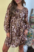 Abstract Floral Print Square Neck Long Sleeve Shift Mini Dress