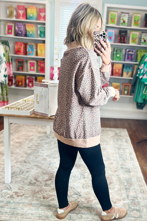 Leopard Print High Neck Long Sleeve Ribbed Cuffs Hem Sweatshirt