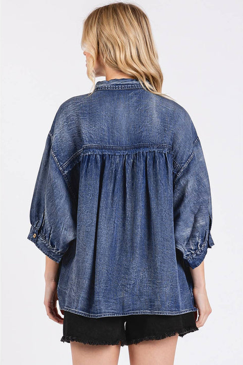 Three Quarter Sleeve Button Front Loose Denim Blouse
