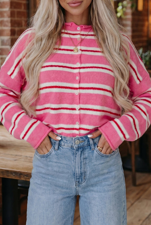 Acrylic Striped Pattern Drop Shoulder Button Cardigan