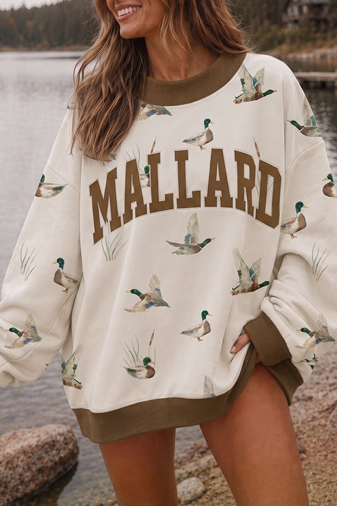 Mallard Letter Print Western Baggy Pullover Sweatshirt