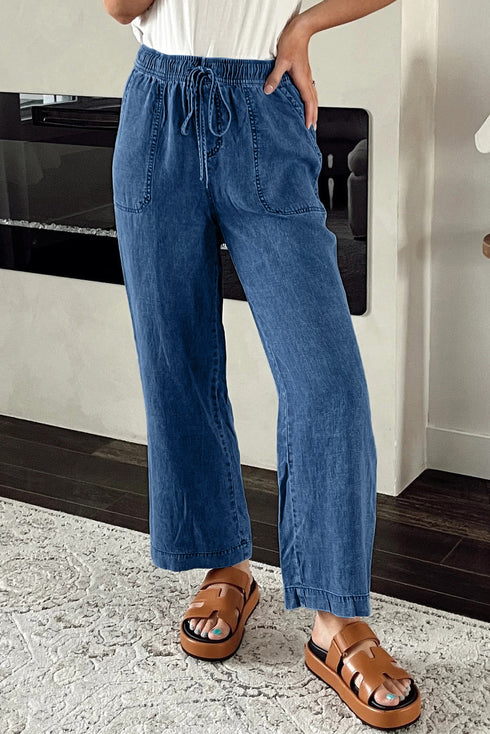 Drawstring Elastic Waist Loose Wide Leg Denim Jeans