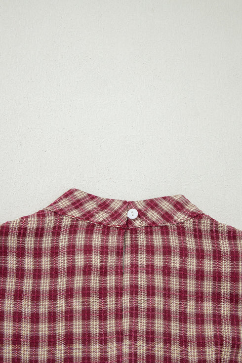 Country Plaid Keyhole Pleated Button Detail Long Sleeve Blouse
