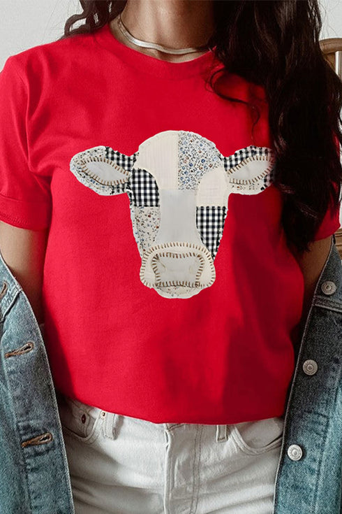Cow Print Western Patchwork Round Neck Tee