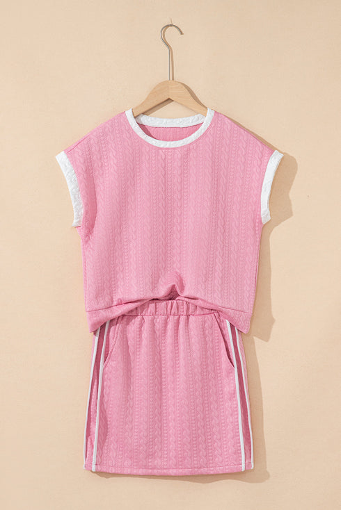 Textured Contrast Trim Crewneck Pocketed Two Piece Dress