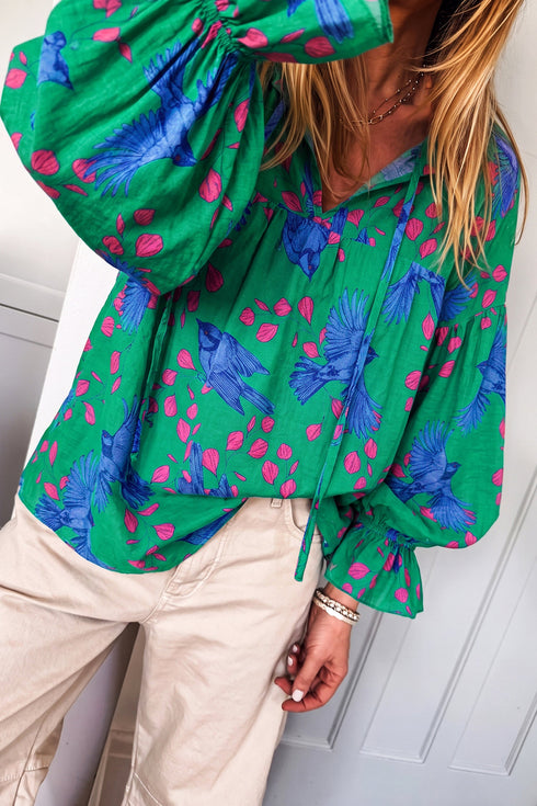 Painterly Abstract Print V Neck Flounced Puff Sleeve Blouse