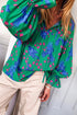 Abstract Print V Neck Flounced Puff Sleeve Blouse