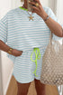 Stripe Contrast Neck Loose Tee Drawstring Short Sets
