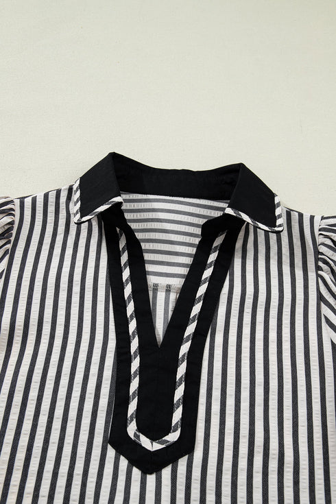 Striped Collared Split Neck Short Puff Sleeve Blouse