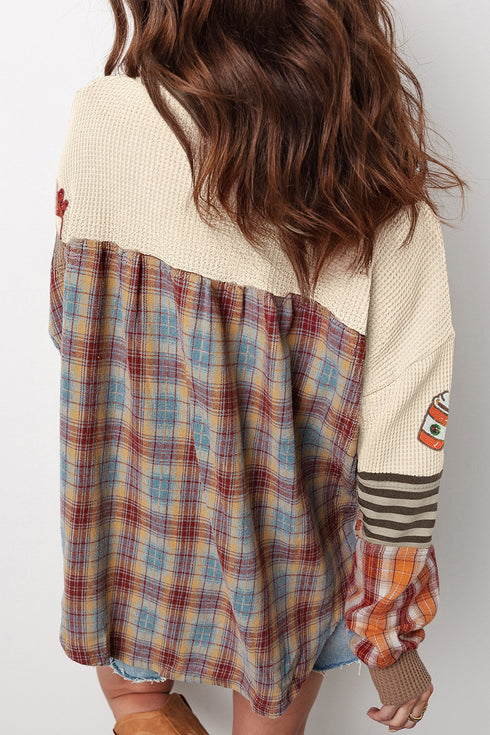 Sequined Plaid Stripe Patchwork Waffle Graphic Long Sleeve Tee