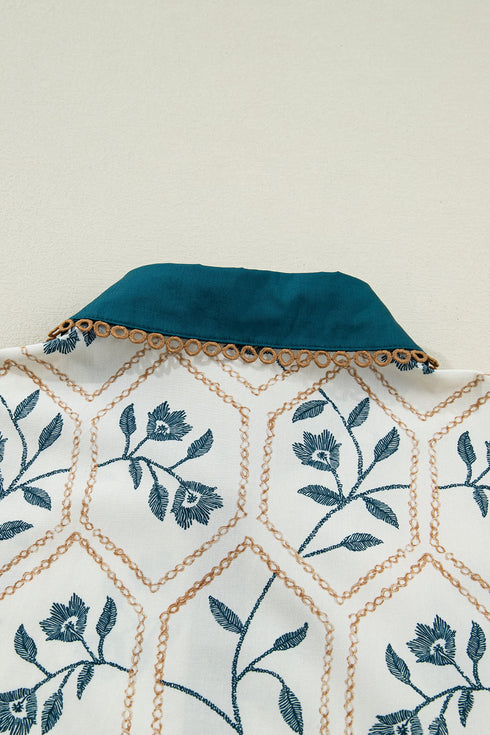 Geometric Floral Print Lace Trim Collared Short Sleeve Mini Dress