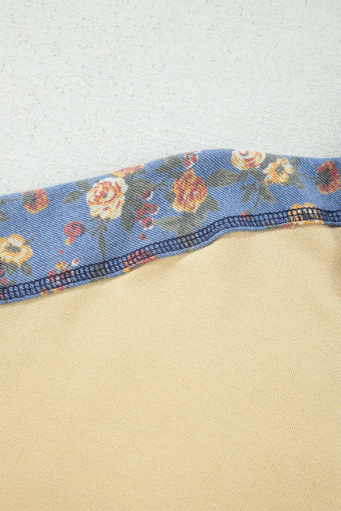 Floral Denim Patchwork Collar V Neck Long Sleeve Pullover Top