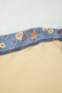 Floral Denim Patchwork Collar V Neck Long Sleeve Pullover Top