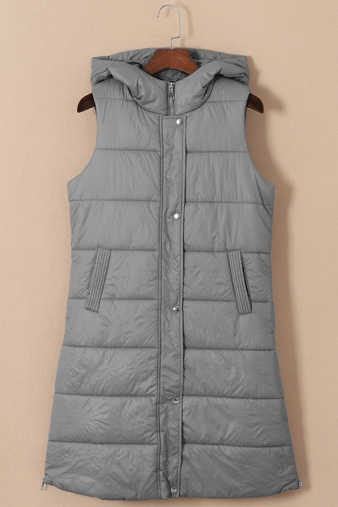 Exclusive Solid Long Quilted Hooded Puffer Vest