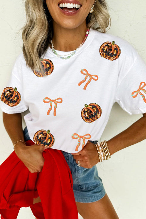 Sequin Embellished Pumpkin Face Bow Graphic Tee