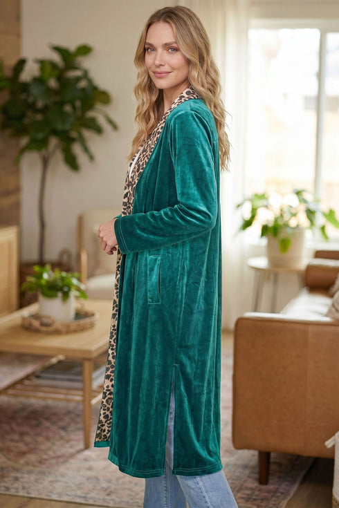 Leopard Print Velvet Lapel Collar Open Front Cardigan