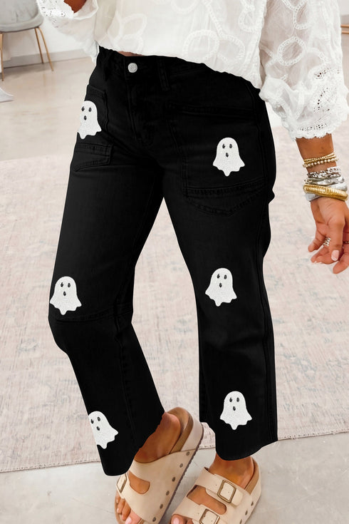 Sequin Ghost Patched Graphic Raw Hem Pants
