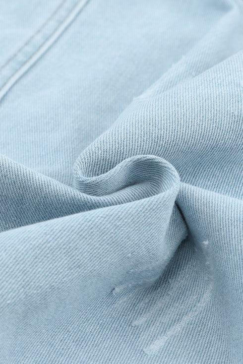 Casual Distressed Raw Hem Flap Pocket Denim Jacket