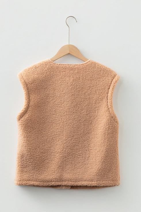 Modern Solid Fuzzy Big Button Accent Pocket Vest