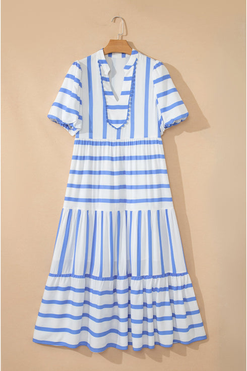 Southern Belle Striped Ricrac Trim Puff Sleeve Midi Dress
