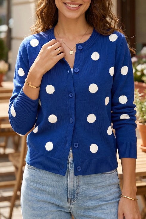 Polka Dot Button Front Long Sleeve Sweater Cardigan