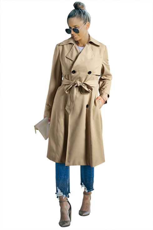 Modern Solid Lapel Collar Waist Tie Wind Coat