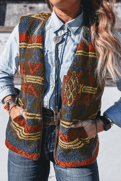 Western Print Faux Fur Metal Zipper Insert Pockets Sleeveless Vest