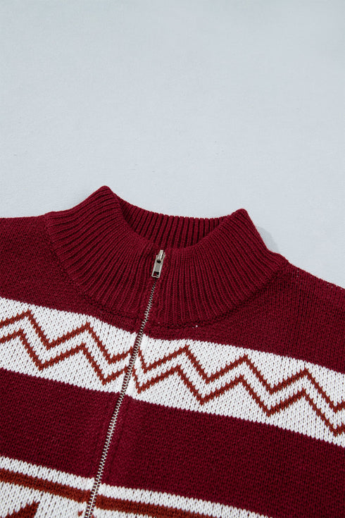 Geometric Pattern Zip Up Long Sleeve Cardigan