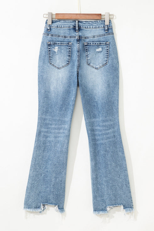 Distressed Open Knee Raw Hem Fit Flare Jeans