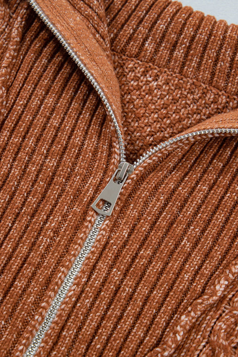 Zip Up Cable Knit Drop Shoulder Sweater Dress