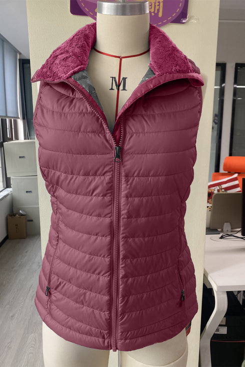 Plush Collar Quilted Zip Front Puffer Vest