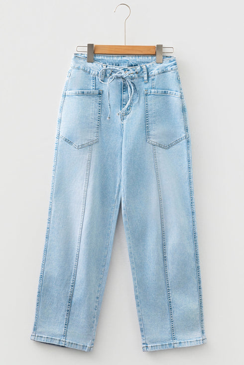 Exposed Stitch Detail Drawstring Wide Leg Barrel Jeans