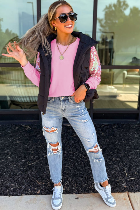 Sequin Round Neck Cotton Detail Long Sleeve Pullover Top