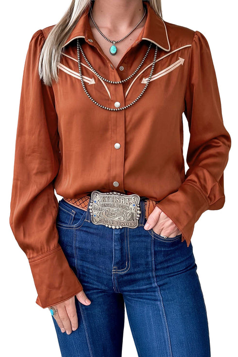Silky Long Sleeve Button Front Western Fashion Blouse